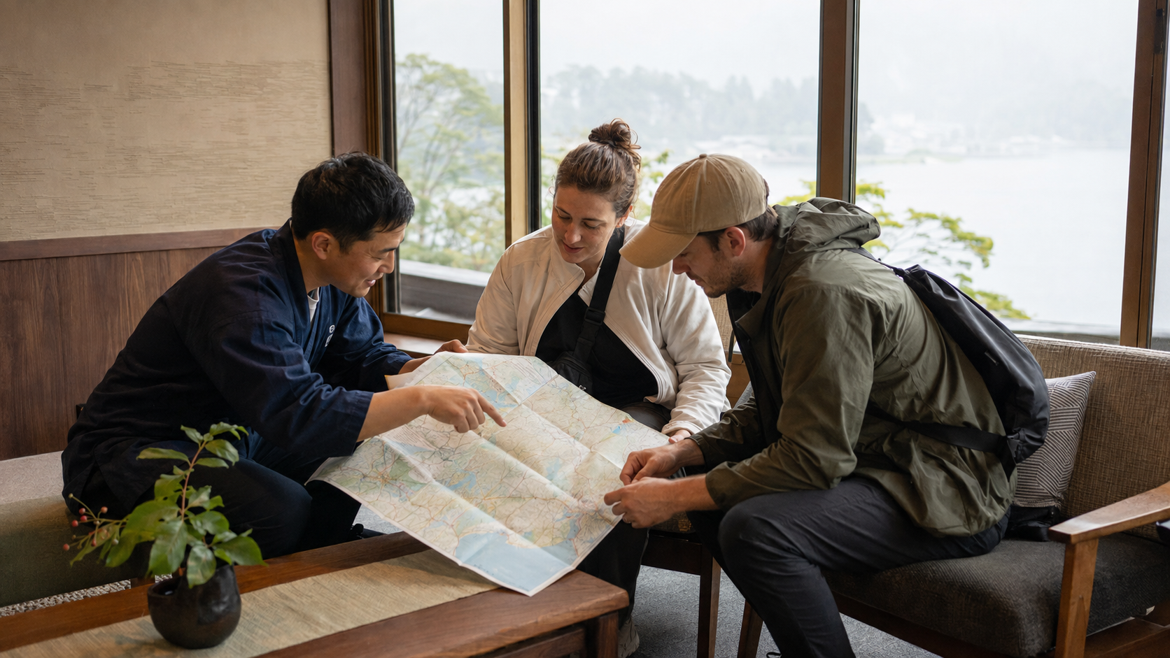 A conversation around a map in the Fuji region